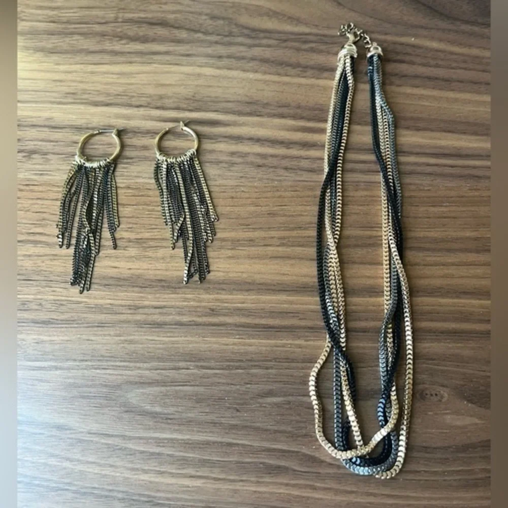 Vintage Y2K 00s Oversized Tricolor Chain Necklace Fringe Earrings Set Boho B3